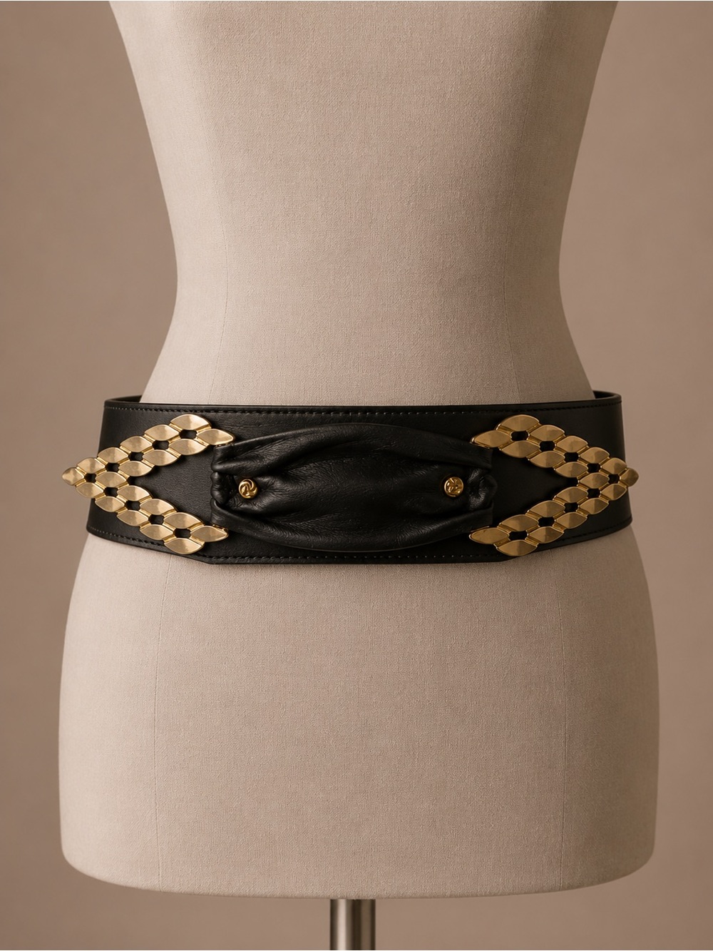 Vintage Black Leather Wide Waist Belt Gold Statement Buckle 80s 90s
